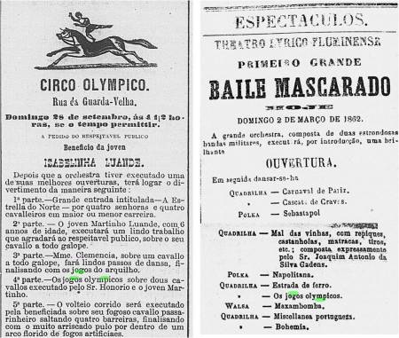 Composição com as programações do Circo Olympico (Correio Mercantil, 28/09/1856, p.4) e do Theatro Lyrico Fluminense (Correio Mercantil, 02/03/1862, p.4).